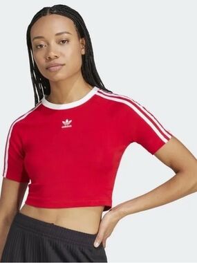 Adidas Originals Red Crop Baby Tee with Three-Stripe Detail